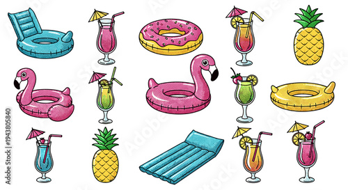 Collection of summer pool party essentials inflatable floats tropical drinks