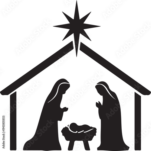 Silhouette of nativity scene with mary joseph and baby jesus in a stable