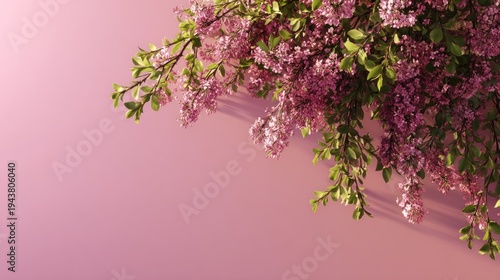Pink flowers and green leaves on a soft pink background with copy space