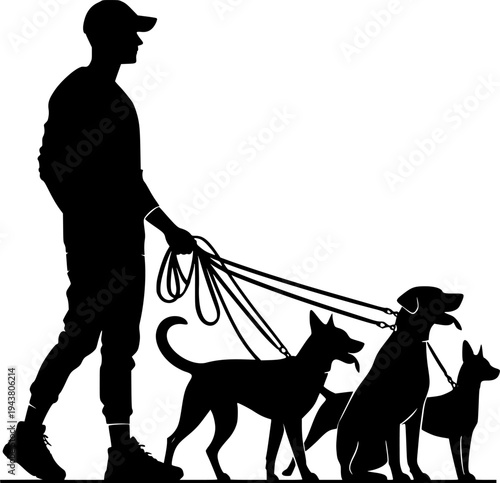 Dog walker silhouette vector illustration. Man walking with three dogs on leashes isolated on white background.