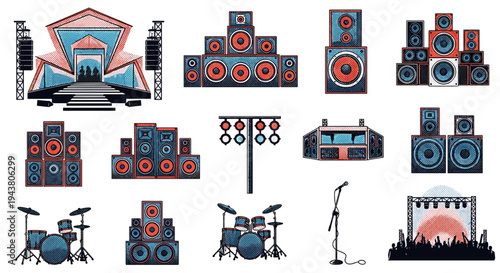 Collection of concert stage equipment sound systems and musical instruments