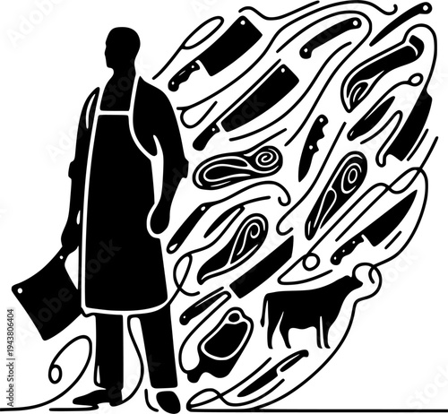 Butcher silhouette with meat and knives vector illustration. Stylized black and white butchery design isolated on white background
