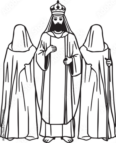 Medieval illustration of a king flanked by two robed figures with crowns and staffs