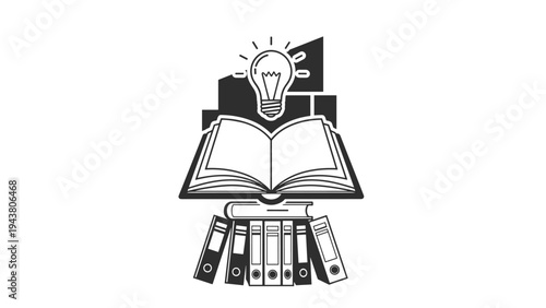Concept of acquiring knowledge and generating ideas through reading, symbolized by an open book, lightbulb, and documents.