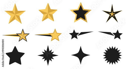 Collection of golden and black star icons with various styles and effects on white