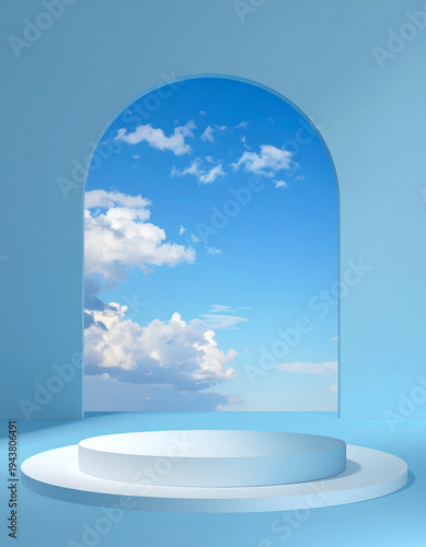 Blue arched window with sky view, platform base