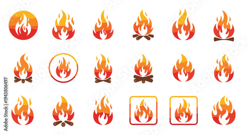 Collection of stylized flame icons representing fire and heat in various forms