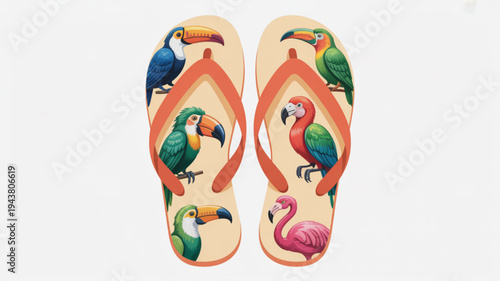 Vibrant tropical flip flops with colorful parrot and flamingo designs on beige background