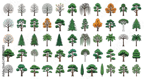 Diverse collection of stylized trees in various seasons and styles on white