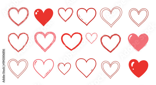 Collection of hand drawn and filled red and pink heart shapes on a white background