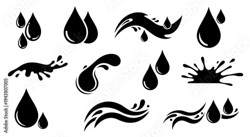 Collection of black liquid splashes drops and waves icons on white background