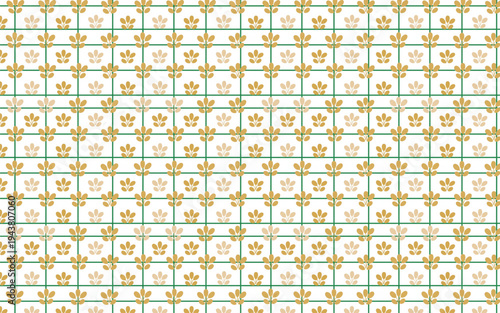 Seamless geometric floral pattern with golden leaves and green grid on white background