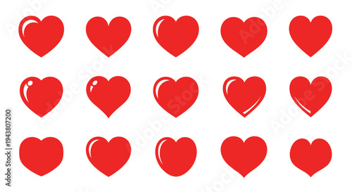 Collection of glossy red heart icons arranged in rows on a clean white background