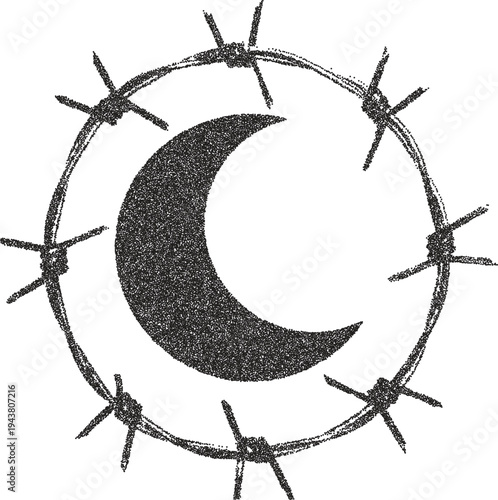 Moon retro y2k stipple design lunar halftone brutalist urban vector png with clear background, night 2000s photocopy grunge tattoo gen z effect