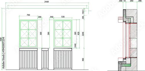 Architectural window elevation and wall section drawing with dimensions, detailed construction blueprint illustration for residential facade design and technical planning