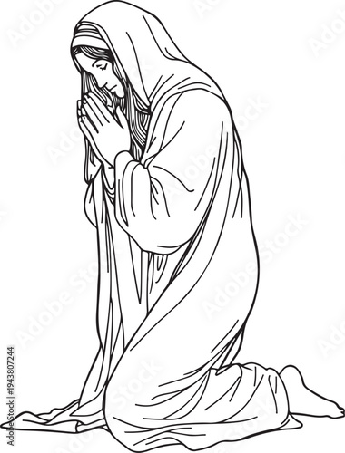 A woman in traditional attire kneeling in prayer with her hands clasped together