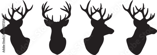 Five deer head silhouettes with antlers on white background black