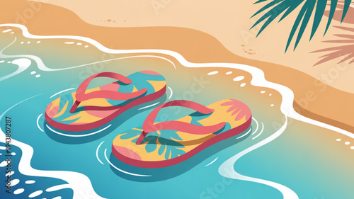 Vibrant flip flops on a tropical beach with palm trees and turquoise water