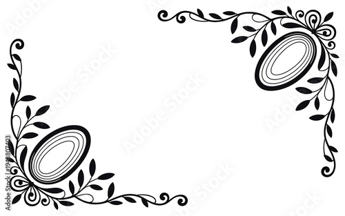 Elegant black floral corner frame with decorative oval shapes