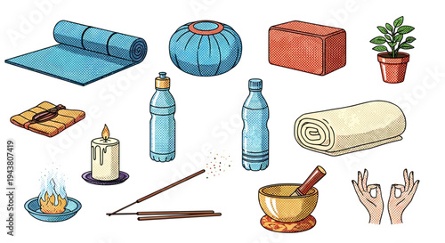 Collection of diverse wellness and meditation items including yoga mat incense