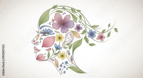 Woman's face with flowers and leaves in hair floral head illustration nature inspired design creative concept