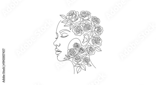 Woman's face with flowers in hair floral headpiece line art illustration beauty and nature concept elegant and serene design