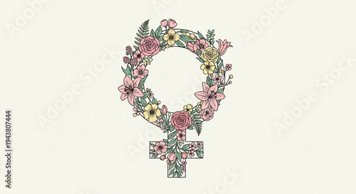Floral female symbol with pink and yellow flowers on a white background representing feminism and women's rights in a delicate floral design