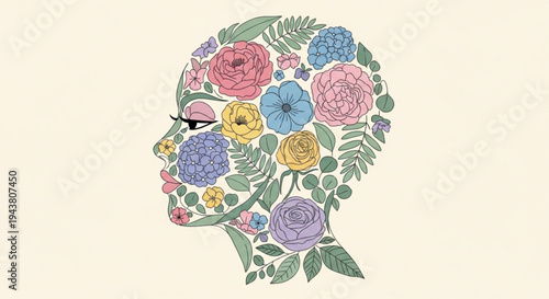 Floral human head with colorful flowers and leaves on a light background symbolizing growth and harmony