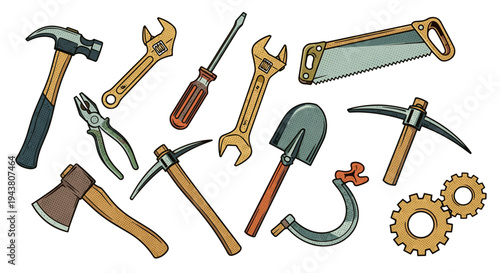 Collection of various manual hand tools and gears for construction repair and diy