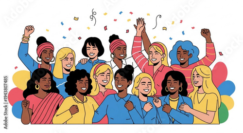 Diverse group of women celebrating with fists raised and confetti colorful balloons background