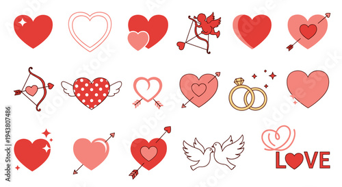 Collection of romantic hearts and love symbols for valentine's day and celebrations