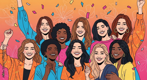 Diverse group of happy women celebrating together with confetti
