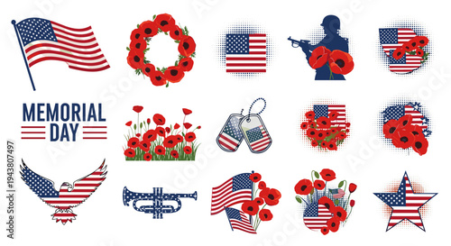 Memorial day icons american flag poppies soldier silhouette eagle trumpet dog tags