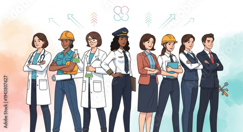 Diverse professionals in various occupations standing together in a line with tools and symbols of different careers