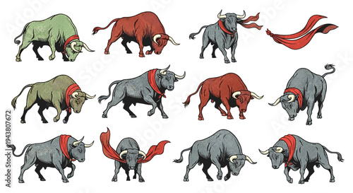 Collection of powerful charging bulls in various poses with red capes dynamic