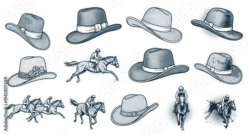 Collection of cowboy hats and horse riders in vintage sketch style western theme