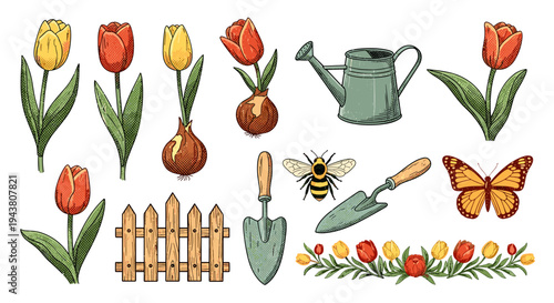 Spring garden elements tulips watering can tools fence bee butterfly garland