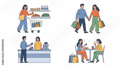 People shopping and socializing in daily life.