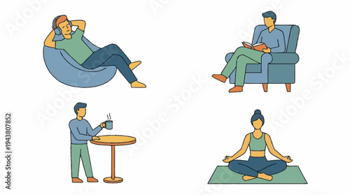 People engaging in various relaxation activities.
