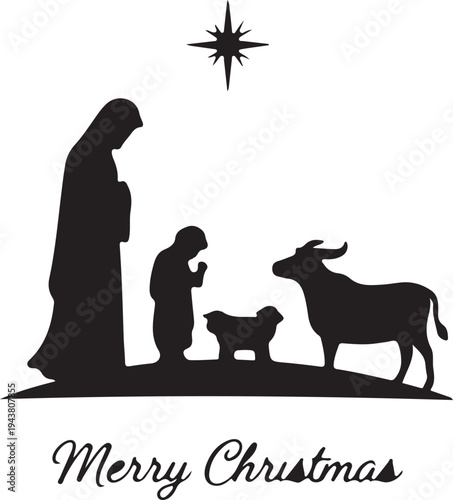 Silhouette of nativity scene with star and merry christmas greeting