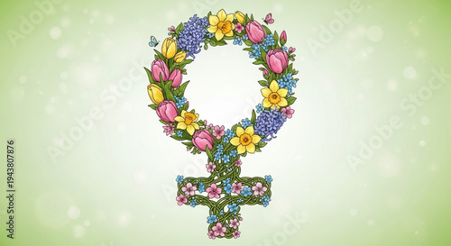 Floral female symbol with colorful flowers on green background representing feminism and equality