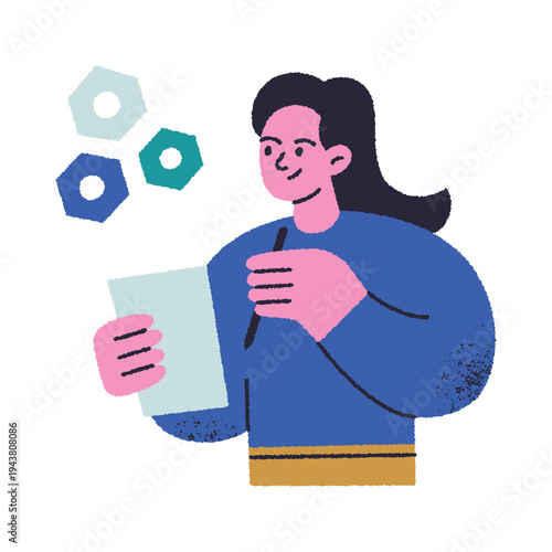 Flat cartoon girl with clipboard and pen, thinking and planning scene with gear symbols. Empty state abstract vector illustration for task management, brainstorming and workflow, female character