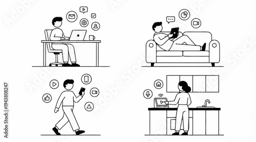 People engaging with technology in various settings.