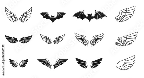 Collection of stylized wing icons and symbols for design projects and concepts