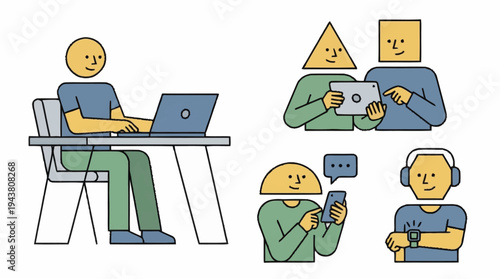 People using technology in various settings.
