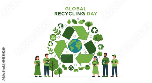 Illustration of diverse people standing around a large recycling symbol surrounded by eco-friendly icons on Global Recycling Day, promoting sustainable practices and environmental awareness.