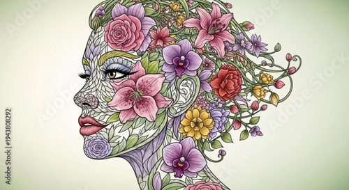 Woman's face decorated with colorful flowers and leaves in hair floral head design creative makeup