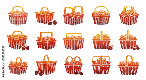 Assortment of various red woven baskets filled with fresh berries isolated on white