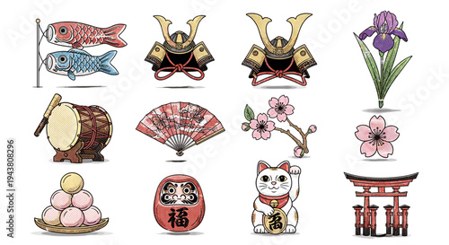 Collection of traditional japanese cultural icons and symbols for celebrations