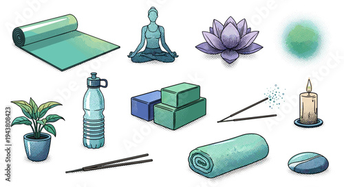 Collection of yoga and meditation accessories mat blocks bottle candle lotus flower